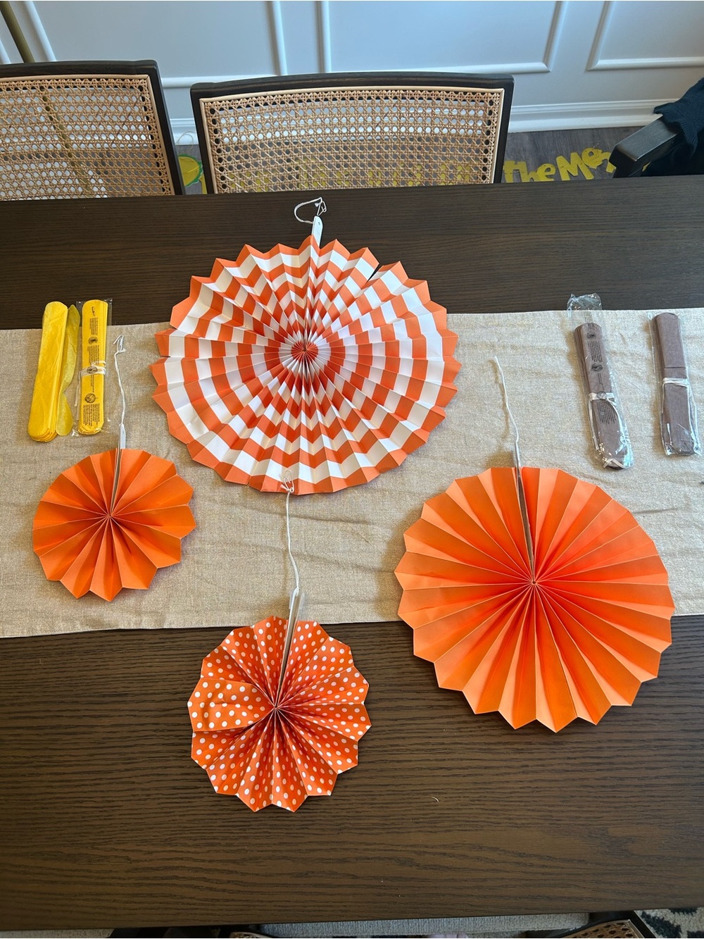 Orange Paper Fans & Tissue Pom Poms Party Decor Lot – Fall Halloween Birthday